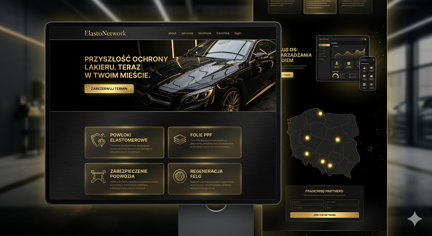 Wizualizacja sieci franczyzowej Carizo Group z panelem systemu i mapą Polski