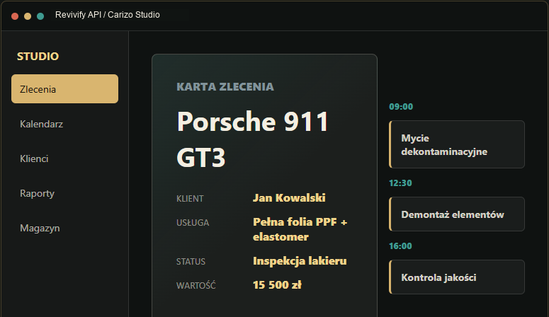 Podgląd aplikacji Revivify API dla studia Carizo
